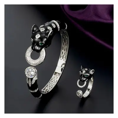 (004 silver ring 7) Zlxgirl Jewelry Jet Cubic Zircon Leopard Animal Bridal Bangle Jewelry Europe