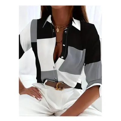 (B25SLTH24614150514, S) Boutique Pattern Printed Button Long Sleeve Women's Shirt Vintage Elegan