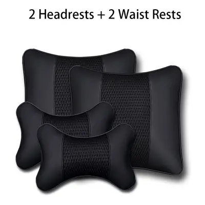 (B-Black 4X) 2Pcs PU Leather Knitted Car Pillows Headrest Neck Rest Cushion Support