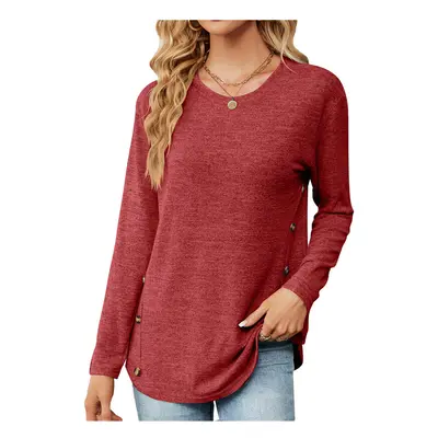 (XL, red) New Round Neck Solid Color Button Long Sleeve Loose T-shirt Tops for Women