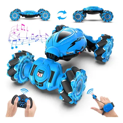 (Deep Blue) 4WD Remote Control Car RC Stunt Car Watch Gesture Sensing Drift Twisting Car for Kid