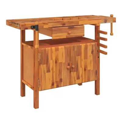 vidaXL Solid Wood Acacia Workbench with Drawer and Vices Wooden Work Table