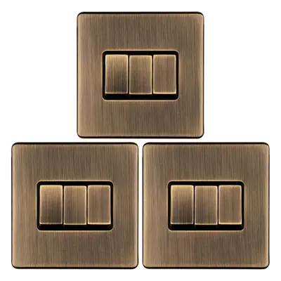 3 PACK Gang Triple Light Switch SCREWLESS ANTIQUE BRASS Way 10A Slim Rocker