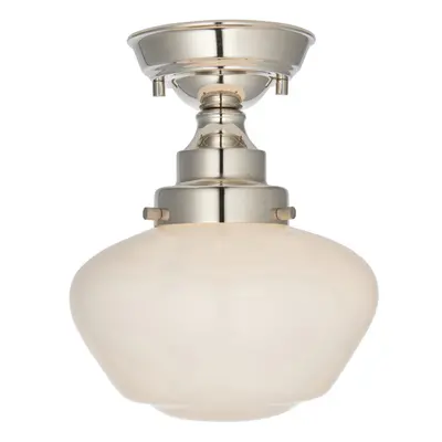 Polished Nickel Semi Flush Ceiling Light Fitting & Opal Glass Shade Low Profile