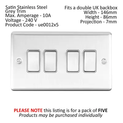 5 PACK Gang Quad Metal Light Switch SATIN STEEL Way 10A Grey Trim