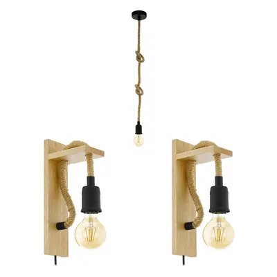 Ceiling Pendant Light & 2x Matching Wall Lights Black & Knot Rope Trendy Lamp