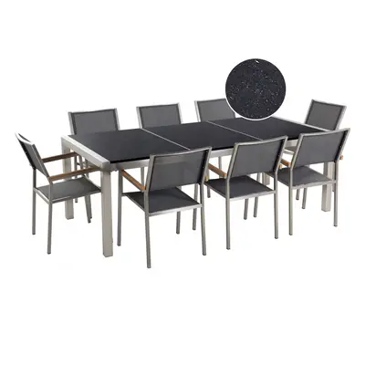 8 Seater Garden Dining Set Black Granite Triple Plate Top and Grey Chairs GROSSETO