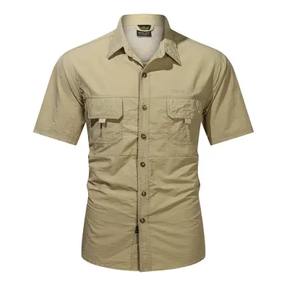 (Khaki, Asian-XXXL) Men Summer Outdoor Cargo Short Sleeve Shirt US SWAT Tactical Lightweight Qui