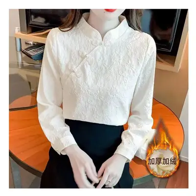 (APRICOT Thick, L) Retro Buttoned Long-sleeved Shirt for Women Spring New Style New Chinese Styl