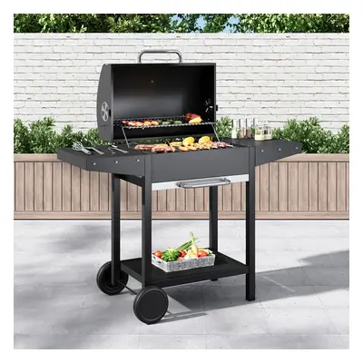 Black Outdoor Charcoal BBQ Grill with Lid Cover and Wheels Black