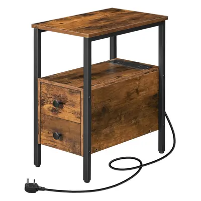 (Rustic Brown Black) USB Ports and Power Outlets, Slim Side Table for Small Spaces, Drawers, Ind