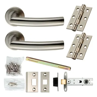 Door Handle & Latch Pack Satin Steel Curved Lever Bar Screwless Round Rose