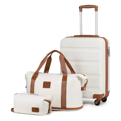 (19 inch + Two Bags) Cream ABS Hard Shell Suitcase With TSA Lock, Duffel Bag And Toiletry Bag