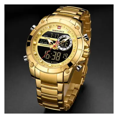 (Gold) Naviforce Mens Fashion Dual Display Watches Stainless Steel Luxury Digital Wristwatch