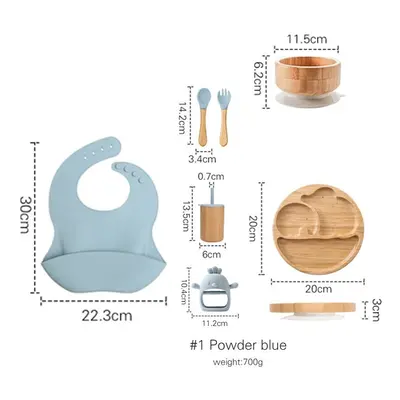 (Powder blue) Wooden Dinner Plate Feeding Supplies Bamboo Baby Tableware Silicone Suction Plate 