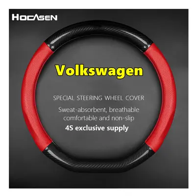 (D Shape-Red) For Volkswagen Steering Wheel Cover Genuine Leather Carbon Fiber Fit VW