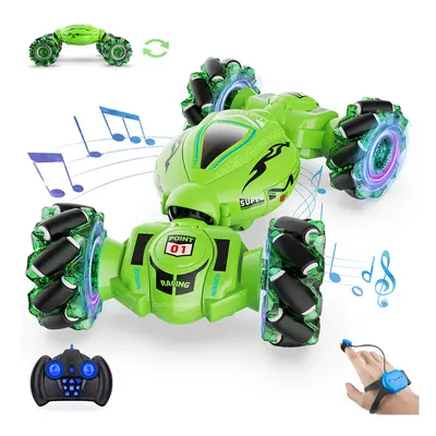 (Green) 4WD Remote Control Car RC Stunt Car Watch Gesture Sensing Drift Twisting Car for Kids To