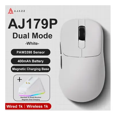 (AJ179P-White) AJAZZ AJ179 PRO PAW3395 Lightweight Wired Wireless Mouse with Magnetic Charging B