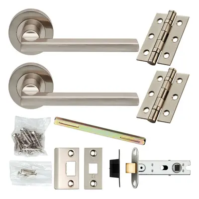 Door Handle & Latch Pack Satin Nickel Straight Slim Lever Screwless Round Rose