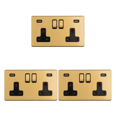 3 PACK Gang Double 13A UK Plug Socket & 2.1A USB-A SCREWLESS SATIN BRASS