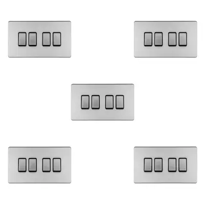 5 PACK Gang Quad Light Switch SCREWLESS SATIN STEEL Way 10A Slim Rocker