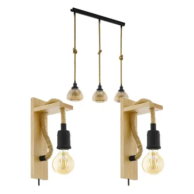 Linear Ceiling Pendant & 2x Matching Wall Lights Black Rope & Amber Glass Shade