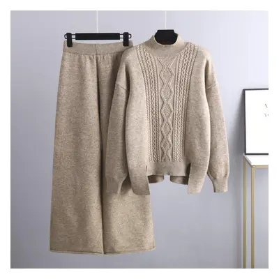 (khaki, OneSize) Autumn Winter Half High Collar Solid Color Twist Long Sleeve Sweater Sets For L