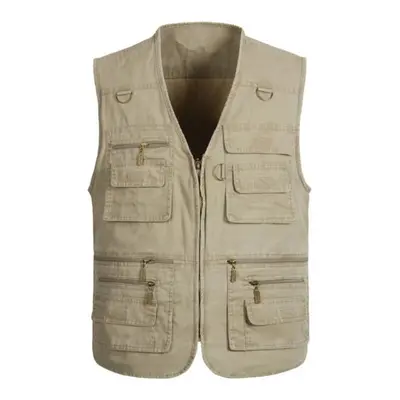 (khaki, 8XL) Men&apos;s Vest Casual Jacket Spring And Autumn Loose Style Cotton Multi-pocket Zip