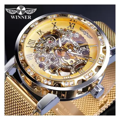 (gold) Winner Golden Watches Men Skeleton Mechanical Watch Crystal Mesh Slim Stainless Steel Ban