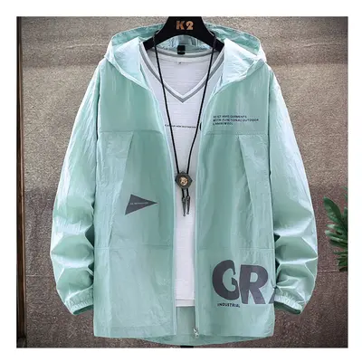 (Blue, XL) New Summer UV Protection White Skin Coats Men Fashion Letter Print Hooded Casual Thin