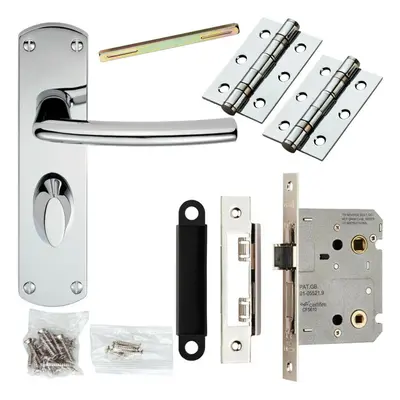 Door Handle & Bathroom Lock Pack Chrome Curved Bar Arm Thumb Turn Backplate