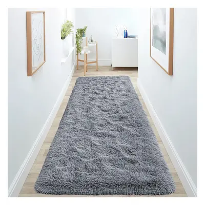 (80cm x 300cm (2 ft in x ft)- Extra Large Runner Rug, Grey) Anti Slip Shaggy Rug For Living Room