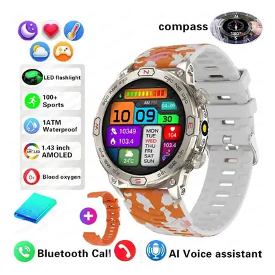 (orange, Camouflage + silicone) New Outdoor Military Gps Smart Watch Men Amoled Hd Screen Heart 