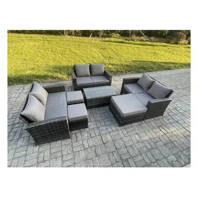 Fimous 7pc Rattan Sofa Garden Furniture Outdoor Patio Set with Footstools Double Seat Sofa Dark 