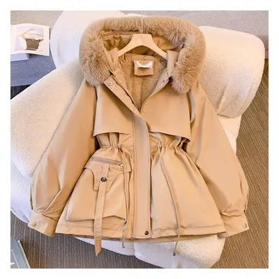 (khaki, XXL) Women Autumn Winter Fur Collar Long Sleeve Solid Color Drawstring Parka Hooded Chic