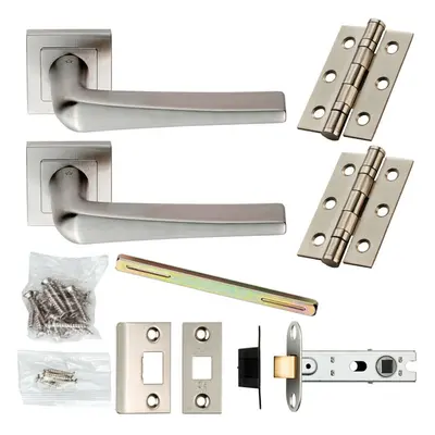 Door Handle & Latch Pack Satin Steel Tapered Slim Lever Screwless Square Rose