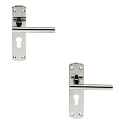 2x Mitred T Bar Lever Door Handle on Euro Lock Backplate x 44mm Steel