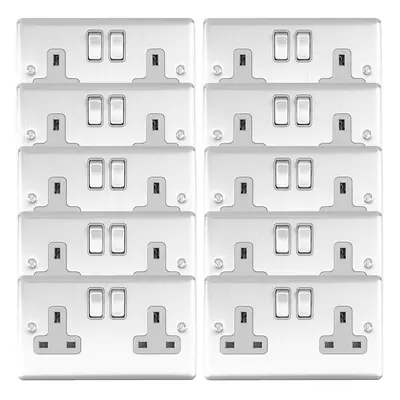 10 PACK Gang Double UK Plug Socket SATIN STEEL & Grey 13A Switched Outlet