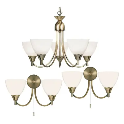 5 Lamp Ceiling & 2x Twin Wall Light Pack Antique Brass Glass Matching Fittings