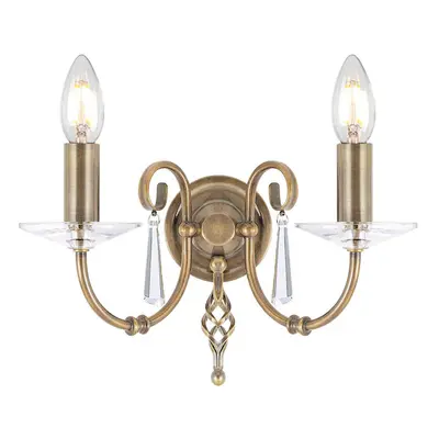 Twin Wall Light Cut Glass Droplets Swirl Finial Aged Brass LED E14 60W