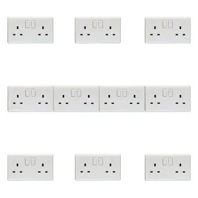 10 PACK Gang Double Pole 13A Switched UK Plug Socket - WHITE Wall Power Outlet