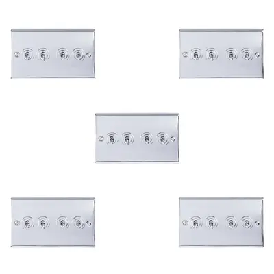 5 PACK Gang Quad Retro Toggle Light Switch POLISHED CHROME 10A Way Plate