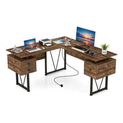 L-shaped Computer Desk CM Corner Desk With Power Outlets-Coffee