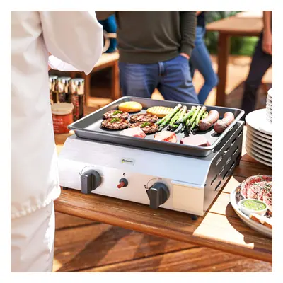 Outsunny Gas Grill, Gas BBQ with Non-Stick Griddle for Camping, Silver Tone