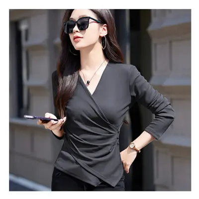 (Dark Gray, XL) #0439 Long Sleeve T Shirt Women V-neck Sexy Wrap Short T-shirt Female Folds Skin