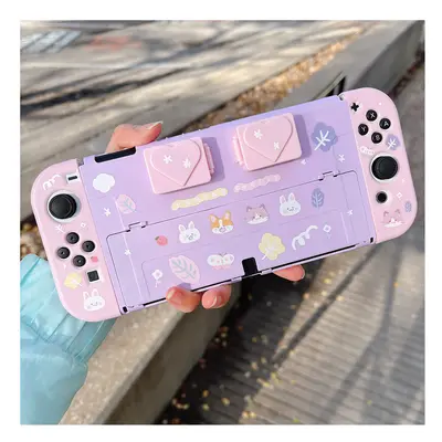 (Purple) Starry Forest Bunny cat cute Nintendo Switch Oled case with gamecard storage boxes, kaw