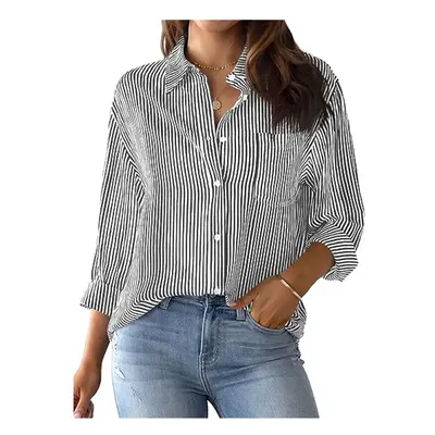 (black, XXL) Women's Blouse Stripe Shirt Patch Pocket Top Autumn Loose Relaxed Office Lady Long 