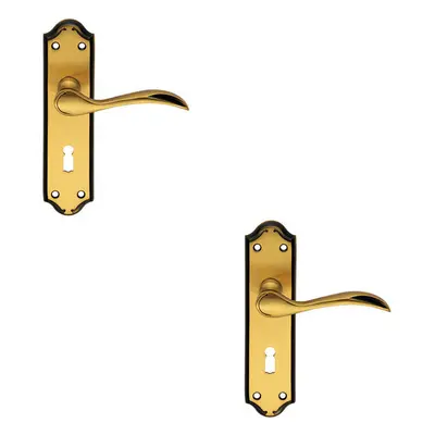 2x PAIR Curved Door Handle Lever on Lock Backplate x 45mm Florentine Bronze