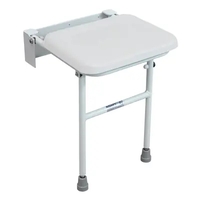 Compact Folding Shower Seat with Support Legs - White Padded Seat - Wall Mounted