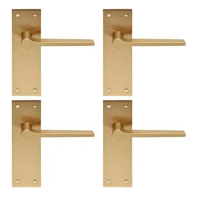 4x PAIR Flat Straight Handle on Slim Latch Backplate x 50mm Satin Brass